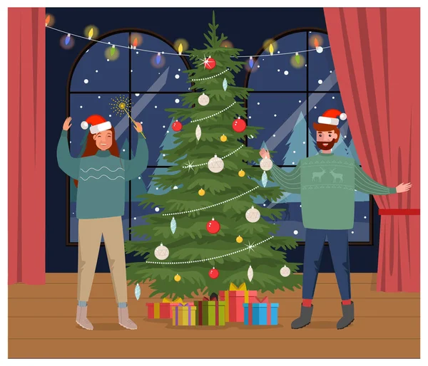 Büyük Pencereli Kışın Manzaralı Noel Ağacı Hediyeli Odada Vektör Mutlu — Stok Vektör