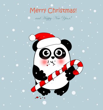 Noel Baba şapkalı şirin noel panda Noel şekeri yiyor ve sana mutlu Noeller diliyor. Kartların için komik bir karakter, poster tasarımı.