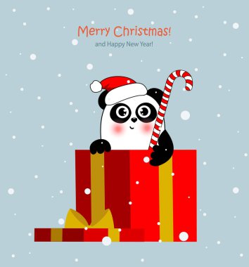 Noel Baba şapkalı şirin bir noel pandası hediye kutusunda oturuyor ve size mutlu Noeller diliyor. Kartların için komik bir karakter, poster tasarımı.