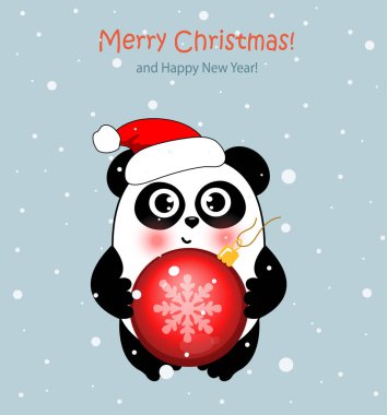Noel Baba şapkalı şirin bir Noel pandası Noel oyuncağı taşıyor ve size mutlu Noeller diliyor. Kartların için komik bir karakter, poster tasarımı.