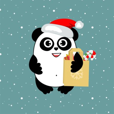 Noel pandası ve şekerli eko çanta. Tasarımın için komik bir hayvan karakteri.
