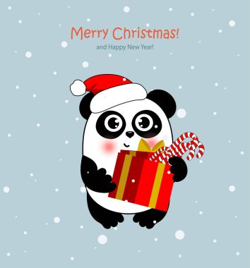 Noel Baba şapkalı, hediyeli ve şekerli Noel panda. Tasarımın için komik bir hayvan karakteri.
