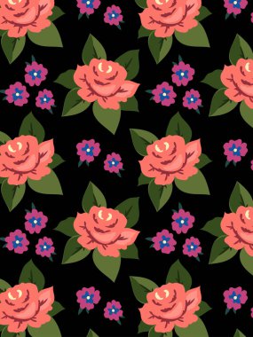 Vector pattern with bouquet of flowers on black background. Red, violet , pink and green. Floral graphic background with ethnic  motif. Ukrainian fancywork.