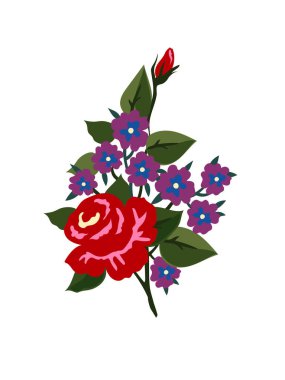 Vector bouquet of flowers on white background. Red, violet , pink and green. Floral graphic design element. Ukrainian fancywork.
