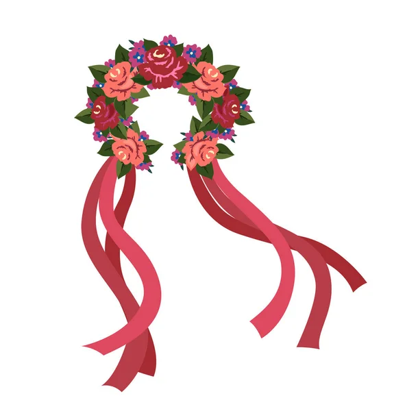 Blumenkranz Auf Weißem Hintergrund Rote Blumen Und Schleifen Haarschmuck Element — Stockvektor