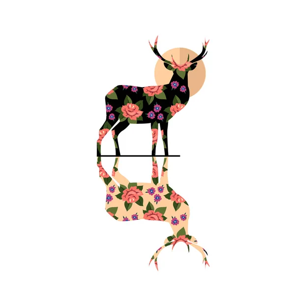 Beaux Cerfs Avec Grandes Cornes Sont Décorés Par Motif Floral — Image vectorielle