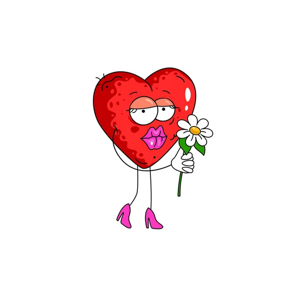 大きな唇でかわいい漫画の赤いハートはデイジーの花を保持します あなたの愛 バレンタインデーと結婚式のデザインのための素晴らしいキャラクター — ストックベクタ