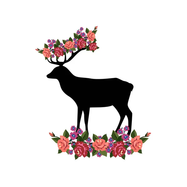 Hermoso Ciervo Negro Con Cuernos Grandes Están Decorados Con Flores — Archivo Imágenes Vectoriales