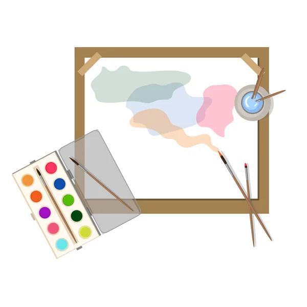 Vektorová Tableta Papírem Štětcem Akvarelovou Barvou Malířské Vybavení Skvělý Prvek — Stockový vektor