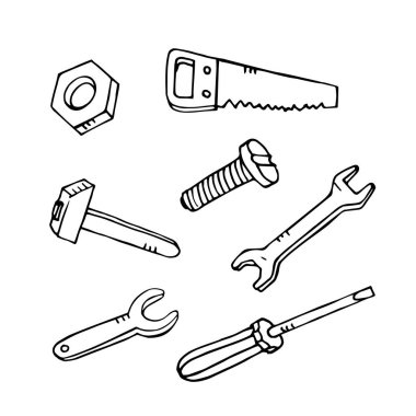 Vektör el yapımı inşaat aletleri: testere, çekiç, vida, tornavida, ceviz, anahtar. Tasarım için harika bir element.