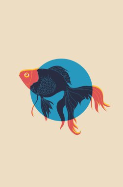 Soyut geometrik şekilli vektör vintage poster, altın balık, çizgiler. Risograph tarzı. Yaratıcı altyapılar. Kapak tasarımın için harika bir element.