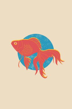 Soyut geometrik şekilli vintage poster, altın balık. Risograph tarzı. Yaratıcı altyapılar. Kapak tasarımın için harika bir element.