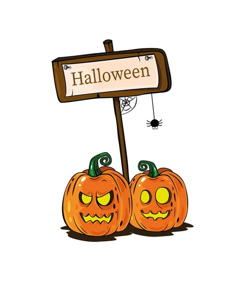 Hermosa Ilustración Halloween Con Dos Calabazas Místicas Una Marca Madera — Vector de stock