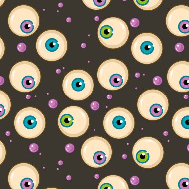 Gözlü vektör deseni ve karanlık arka planda zehirli kabarcıklar. Korku tasarımı elementi, Cadılar Bayramı ünlü konsept.