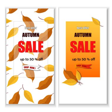 Sonbahar satışı ve sarı yapraklı vektör posterleri. Sonbahar indirimi arka plan, afiş veya el ilanı tasarımı. Reklam, web, sosyal medya şablonu.
