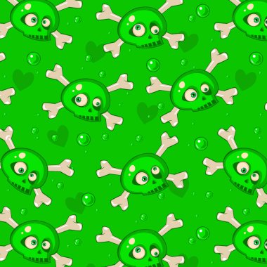 Kafataslı vektör deseni ve yeşil arka planda gözü olan kemikler. Korku tasarımı elementi, Cadılar Bayramı ünlü konsept.