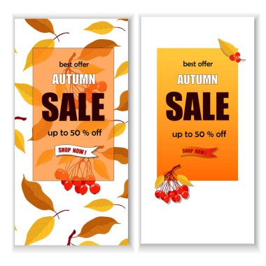 Üzerinde sonbahar indirimi, sarı yapraklar ve kırmızı böğürtlenler olan taşıyıcı posterler. Sonbahar indirimi arka plan, afiş veya el ilanı tasarımı. Reklam, web, sosyal medya şablonu.