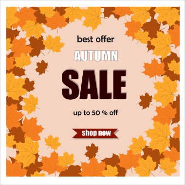 Üzerinde sonbahar indirimi ve sarı akçaağaç yaprakları olan taşıyıcı posterler. Sonbahar indirimi arka plan, afiş veya el ilanı tasarımı. Reklam, web, sosyal medya şablonu.