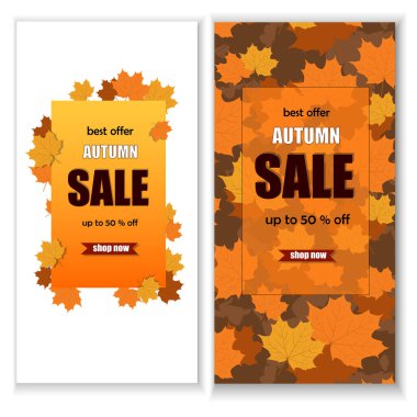 Üzerinde sonbahar satışı yazılı vektör posterleri, sarı yapraklar. Sonbahar indirimi arka plan, afiş veya el ilanı tasarımı. Reklam, web, sosyal medya şablonu.