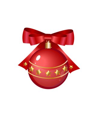 Altın yıldızlı ve kırmızı kurdeleli kırmızı top taşıyıcısı. Noel ve Yeni Yıl tasarımınız için harika bir dekoratif unsur.