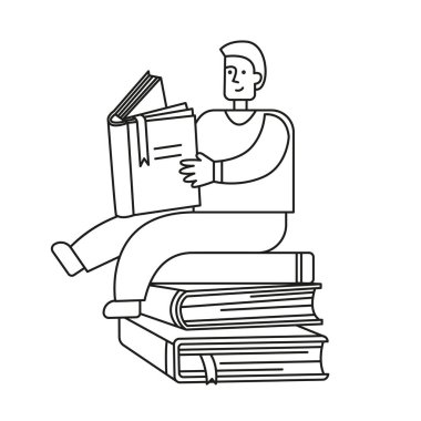 Adam kitap okuyor. Dünya Kitap Günü için doğrusal illüstrasyon.