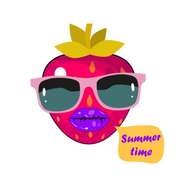Güneş gözlüklü şirin çilekli vektör yaz çıkartması