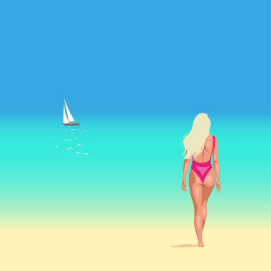 Okyanus kıyısında bikinili güzel bir kızla vektör yaz pankartı. Seyahat ve tatil çizimleri