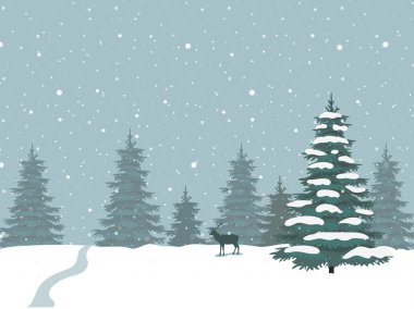Kış ve Noel arkaplanı ağaçlar, kar yağışı, kış ladini ve geyiklerle dolu. Manzara çizimi 