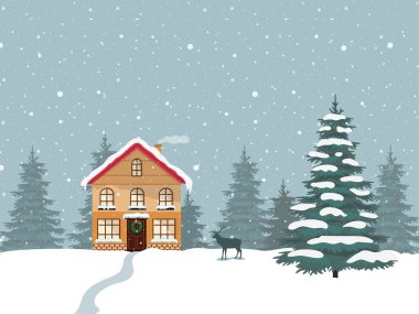 Kış ve Noel arkaplanı şirin evler, ağaçlar, kar yağışı. Manzara çizimi