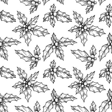 Noel çobanpüskülü sanat deseni. Siyah ve beyaz geleneksel doğrusal çizim