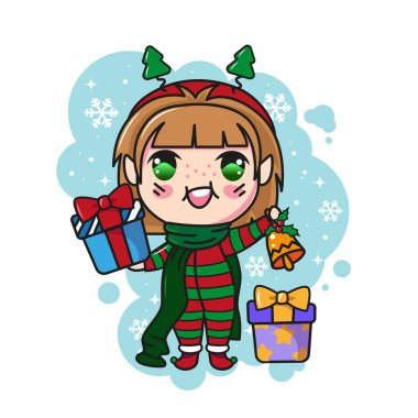 Cute Christmas elf with presents. Cartoon kawaii Christmas characters clipart