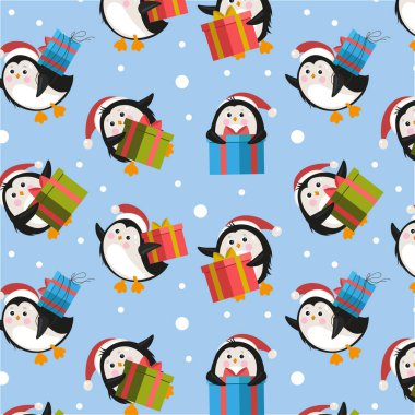 Noel Baba şapkalı şirin penguenler hediye getirmiş. Kawaii hayvan karakterleri