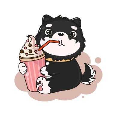 Şirin köpek, Kawaii illüstrasyonunda süt kokteyli içiyor. Hayvan kawaii köpek karakterleri