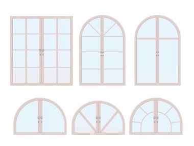 Pencere tipleri. Dış ve iç tasarım, ev yenileme mimarisi, ahşap ya da plastik çerçeveler. Kemerli ve yarım daire