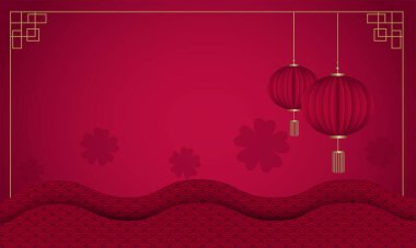 Çiçekli Asya kırmızı arka planı. Yılan şeklinde Çin fenerleri. Çin Yeni Yıl kartı