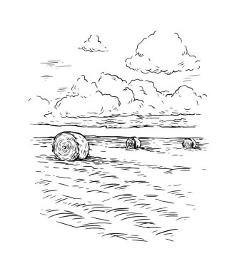 Arazi manzarası. Çizgili sanat eseri manzara, klasik kapak, ekmek markası, turizm. buğday tarlası