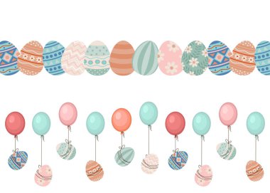Paskalya yumurtaları ve balonlarla birlikte paskalya yatay deseni. Kenarlık veya çerçeve tasarımı