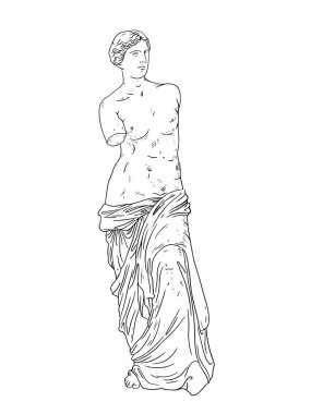 Tanrıça Venus de Milo Antik Yunan heykel hattı sanatı. Taslak çizimi beyaz arkaplanda izole edildi. Doğrusal biçim