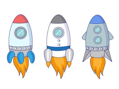 Çizgi film uzay gemisi hazır. Şirin çocuk çizimi. Kozmos ve ulaşım. Kitap illüstrasyonu