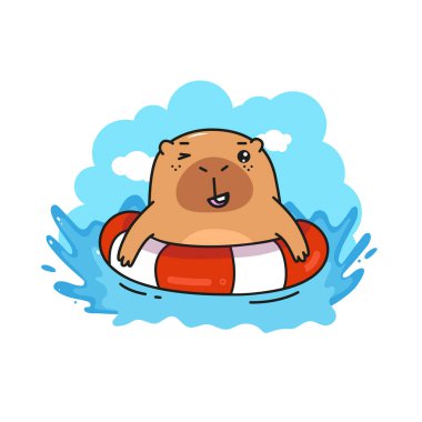 Yüzme yüzüklü şirin bir Capybara. Capybara tatilde. Kutsal günler, seyahat, rahatlama konsepti