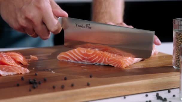 Chef Salt Salmon Slow Motion Salt Salmon Slice Salmon Close — Stock Video