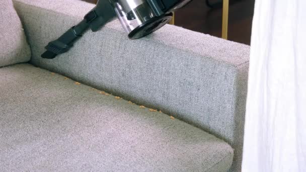 Girl Vacuums Sofa Vacuming Sofa Close Membersihkan Sejauh Rumah Menyedot — Stok Video