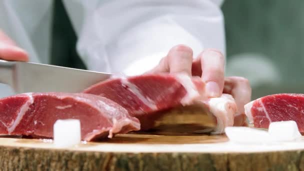 Chef Slices Raw Meat Slice Meat Slow Motion Slices Meat — Stockvideo