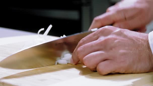 Chef Chop Onions Cuts Onion Close Chopping Onion Slow Motion — Stock Video