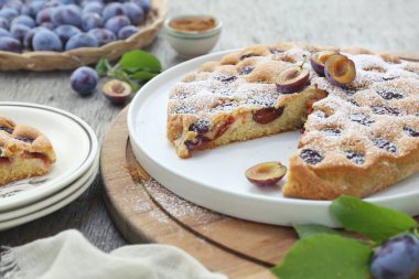 Ev yapımı erikli turta, pudra şekerli sos. New York Times 'ın erikli kek tarifi. Seçici odaklan