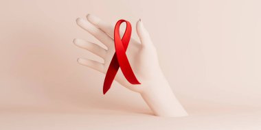 3D resimli pankart, karikatür kadın elleri pastel arka planda izole edilmiş kırmızı kurdeleyi tutuyor. HIV farkındalığı konseptiyle Dünya AIDS Günü 