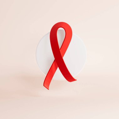 3D resimleme Aids HIV Farkındalığı, Dünya Günü konsepti kırmızı kurdele kalp şekli, uzay metnini kopyalama. Temiz minimalist afiş arkaplanı