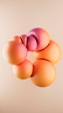 Uçan soyut yumuşak şekillerin üç boyutlu çizimi. Yaratıcı, cesur arka plan, dikey duvar kağıdı ve geometrik tasarım. Pastel sıcak renkler. Parlak doku, eğim deseni