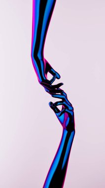 3D el ele tutuşmalar. İnsanları destekleyin. Soyut insan ilişkileri illüstrasyonu. Yaratıcı bir geçmiş. Neon metalik doku. Metin için alanı olan şablon