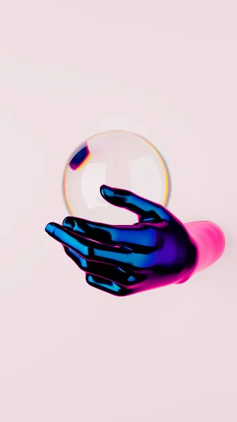 3Dレンダリング手を保持ガラス球 人の体だ 人間関係のイラスト 創造的な背景 ネオンメタルの質感 テキスト用スペース付きテンプレート — ストック写真